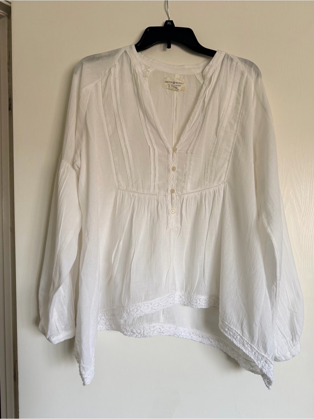 Denim & Supply Ralph Lauren XL White Boho Peasant Top Lace High Low 100% Cotton